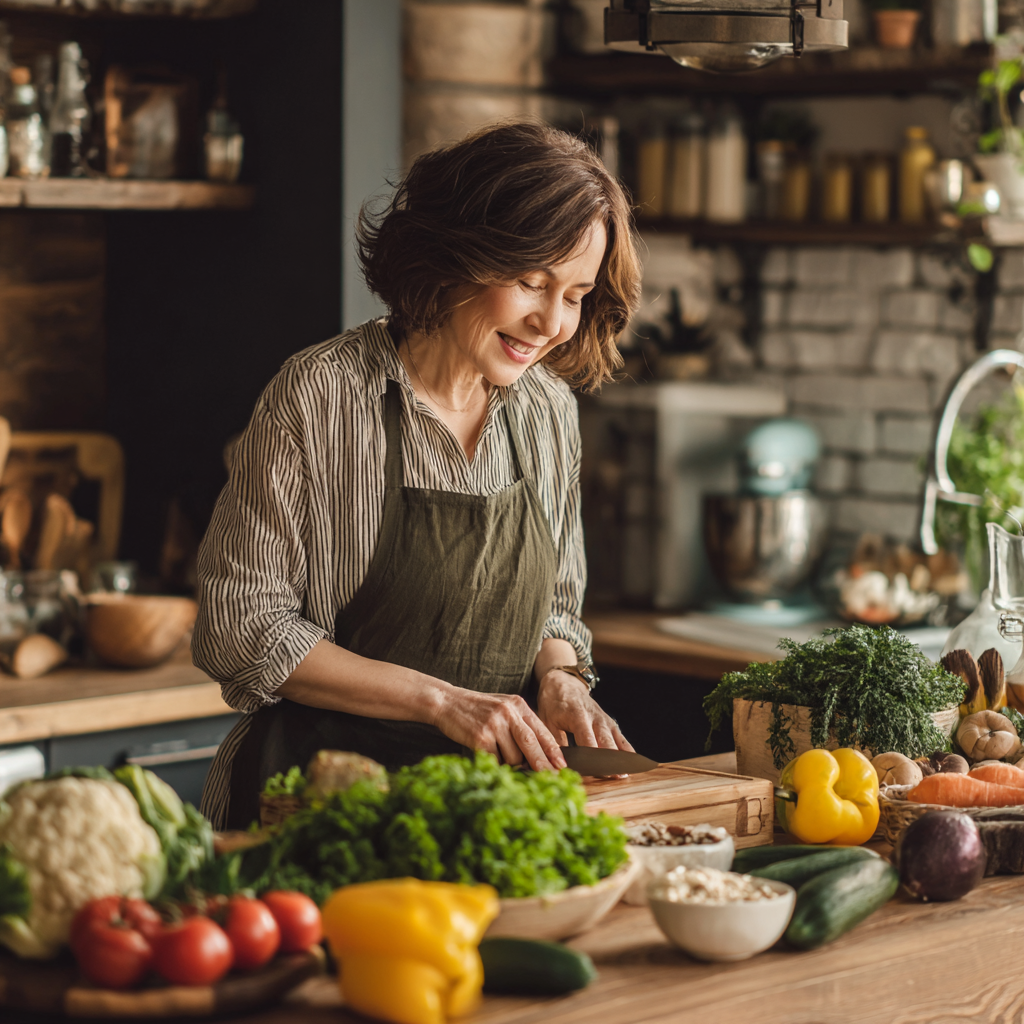Happy middle-aged Ukrainian woman preparing healthy meal with fresh vegetables and grains in modern kitchen