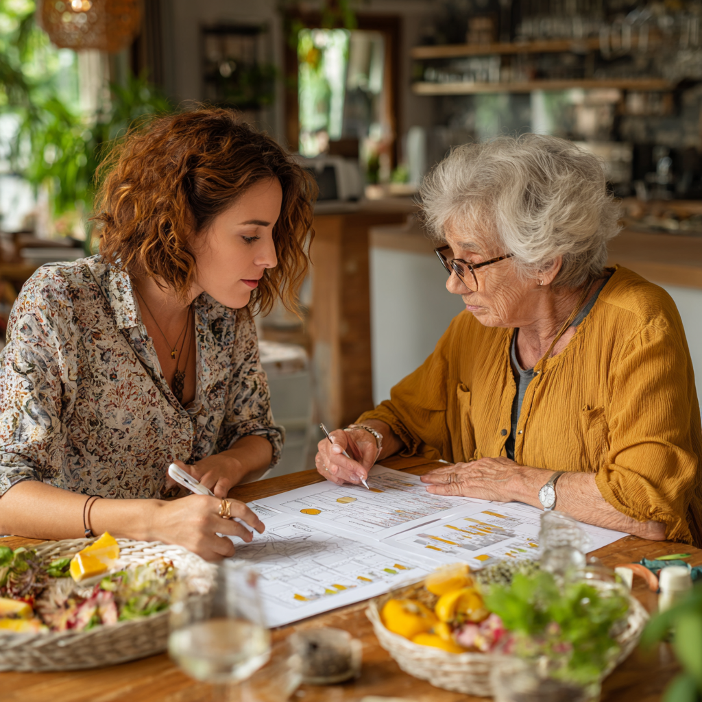Ukrainian nutritionist consulting with elderly client, showing personalized meal planning charts and healthy food options