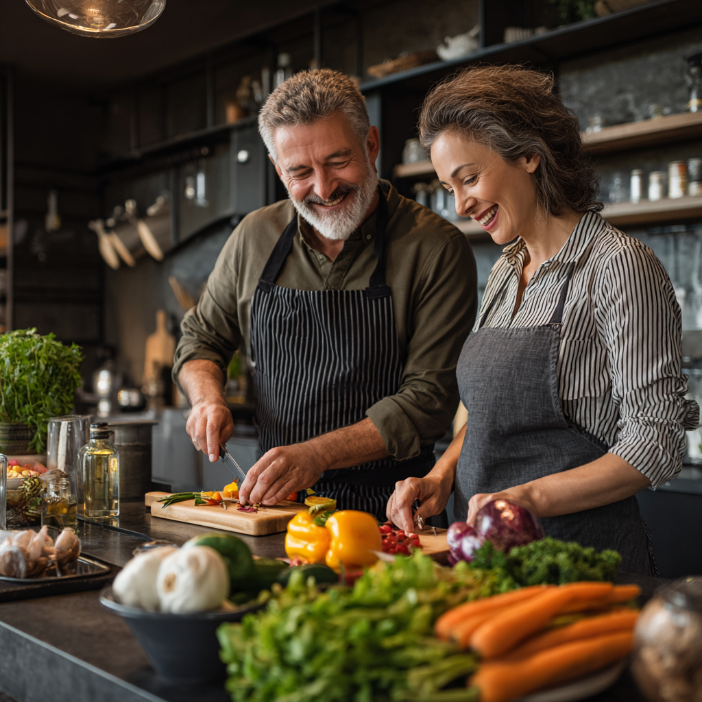 Diverse group of Ukrainian adults of different ages enjoying balanced meal together, showing healthy social eating habits